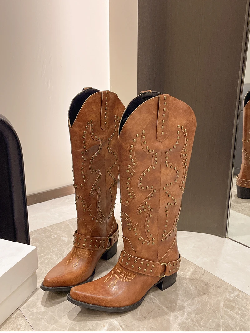 Autumn Winter Belt Buckle Rivet Women Western Cowboy Boots Fashion Slip on Thick Heel Shoes Embroidery Knight Botas