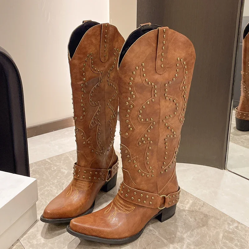 Autumn Winter Belt Buckle Rivet Women Western Cowboy Boots Fashion Slip on Thick Heel Shoes Embroidery Knight Botas