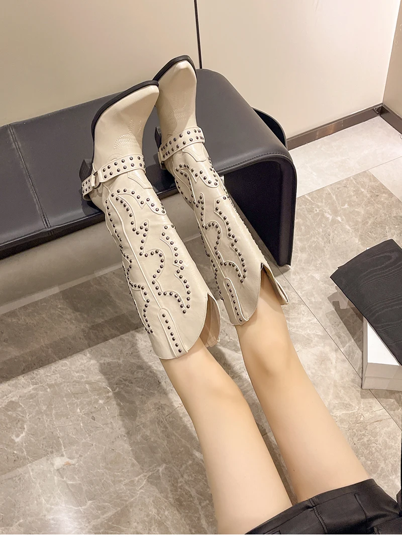 Autumn Winter Belt Buckle Rivet Women Western Cowboy Boots Fashion Slip on Thick Heel Shoes Embroidery Knight Botas