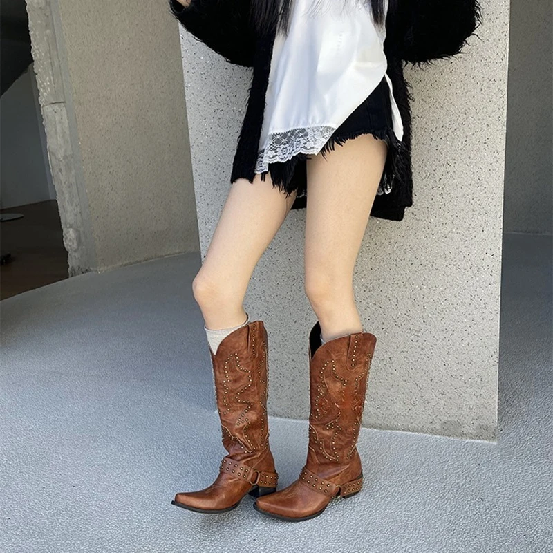 Autumn Winter Belt Buckle Rivet Women Western Cowboy Boots Fashion Slip on Thick Heel Shoes Embroidery Knight Botas