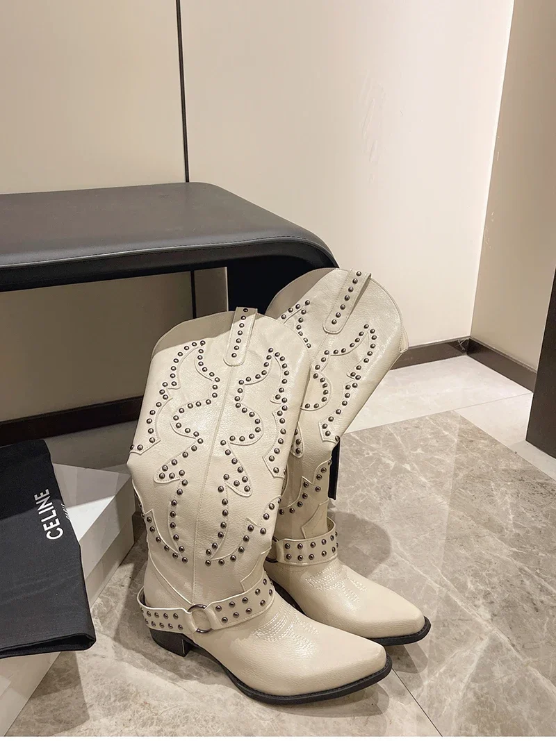 Autumn Winter Belt Buckle Rivet Women Western Cowboy Boots Fashion Slip on Thick Heel Shoes Embroidery Knight Botas
