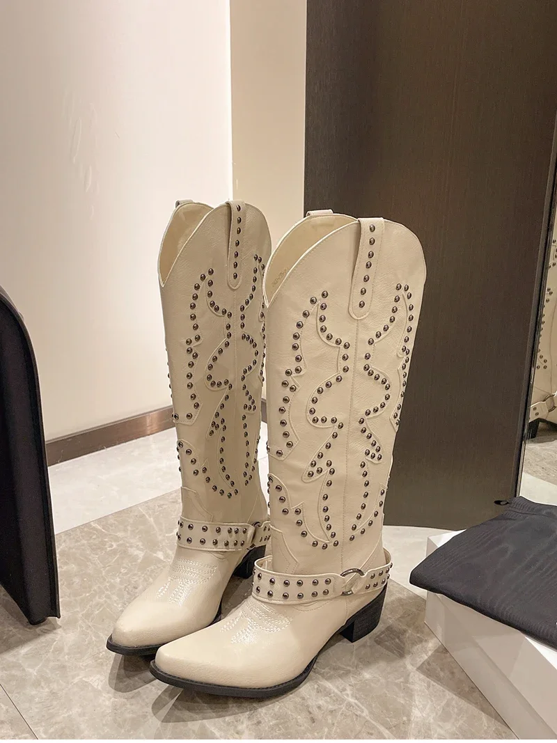 Autumn Winter Belt Buckle Rivet Women Western Cowboy Boots Fashion Slip on Thick Heel Shoes Embroidery Knight Botas