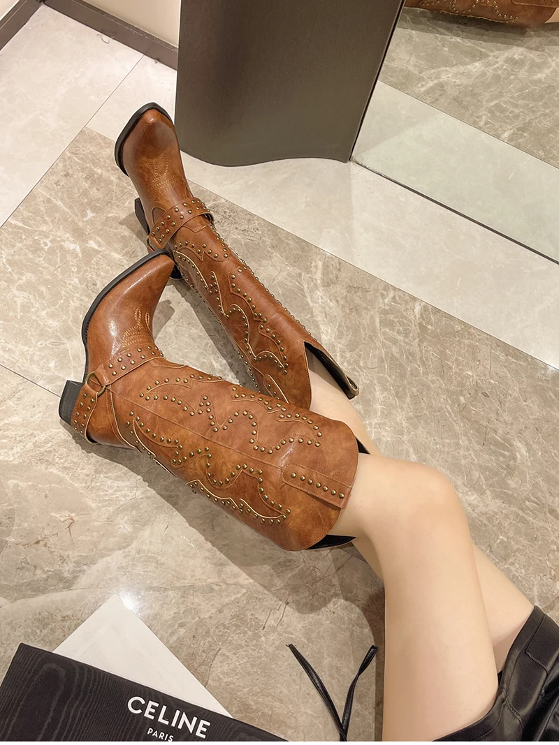 Autumn Winter Belt Buckle Rivet Women Western Cowboy Boots Fashion Slip on Thick Heel Shoes Embroidery Knight Botas