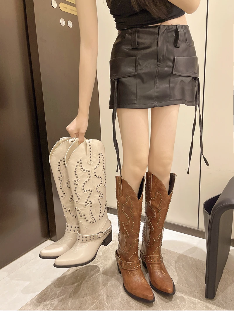 Autumn Winter Belt Buckle Rivet Women Western Cowboy Boots Fashion Slip on Thick Heel Shoes Embroidery Knight Botas