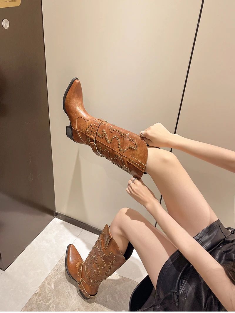 Autumn Winter Belt Buckle Rivet Women Western Cowboy Boots Fashion Slip on Thick Heel Shoes Embroidery Knight Botas
