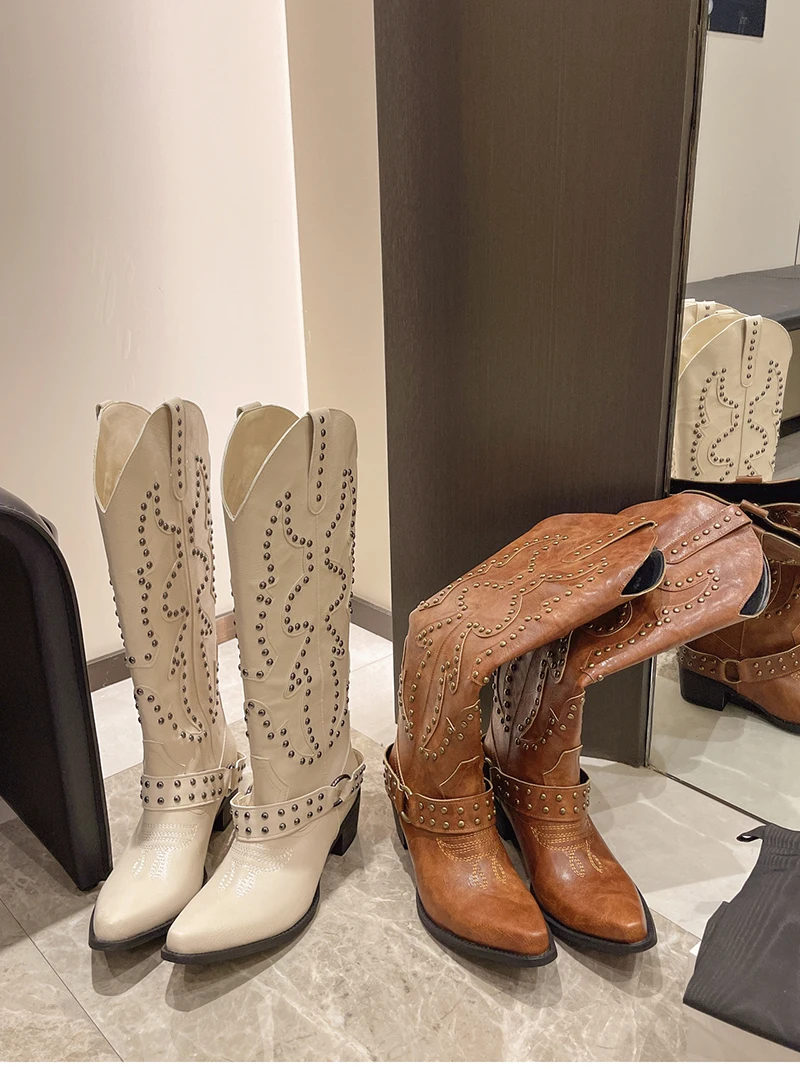 Autumn Winter Belt Buckle Rivet Women Western Cowboy Boots Fashion Slip on Thick Heel Shoes Embroidery Knight Botas