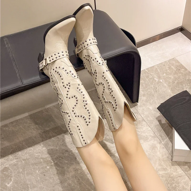Autumn Winter Belt Buckle Rivet Women Western Cowboy Boots Fashion Slip on Thick Heel Shoes Embroidery Knight Botas