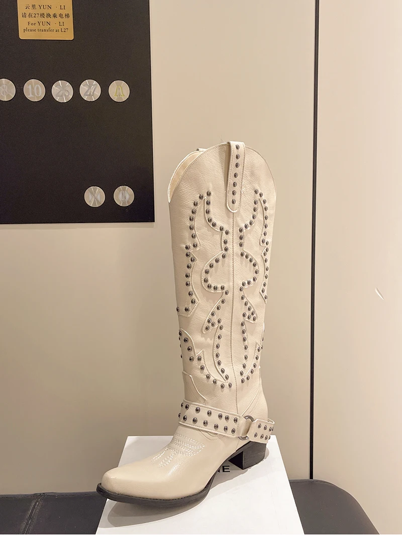 Autumn Winter Belt Buckle Rivet Women Western Cowboy Boots Fashion Slip on Thick Heel Shoes Embroidery Knight Botas