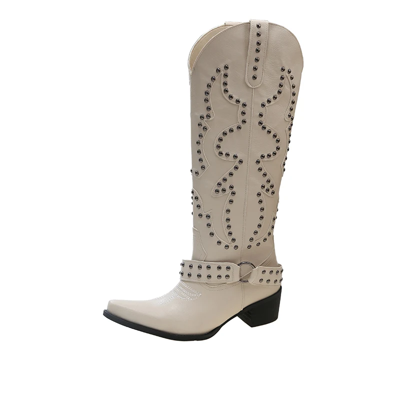 Autumn Winter Belt Buckle Rivet Women Western Cowboy Boots Fashion Slip on Thick Heel Shoes Embroidery Knight Botas