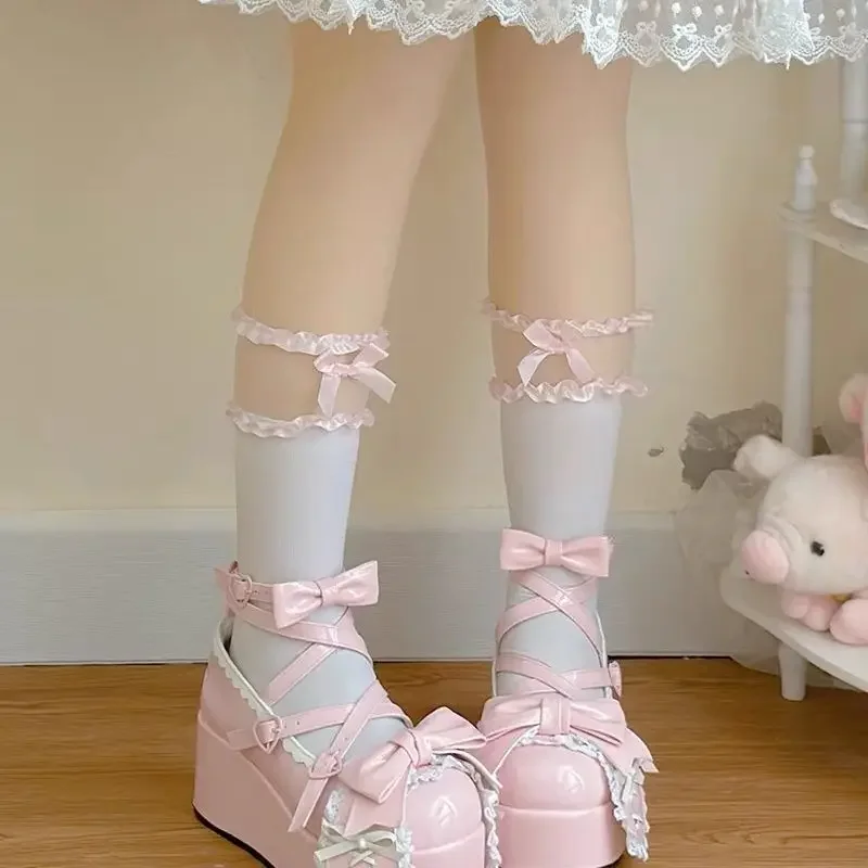 Lovely Girls Lolita Cute Bowknot Platform Shoes Sweet Rabbit Ears Monk Straps Flat Elevator Shoes Mary Janes