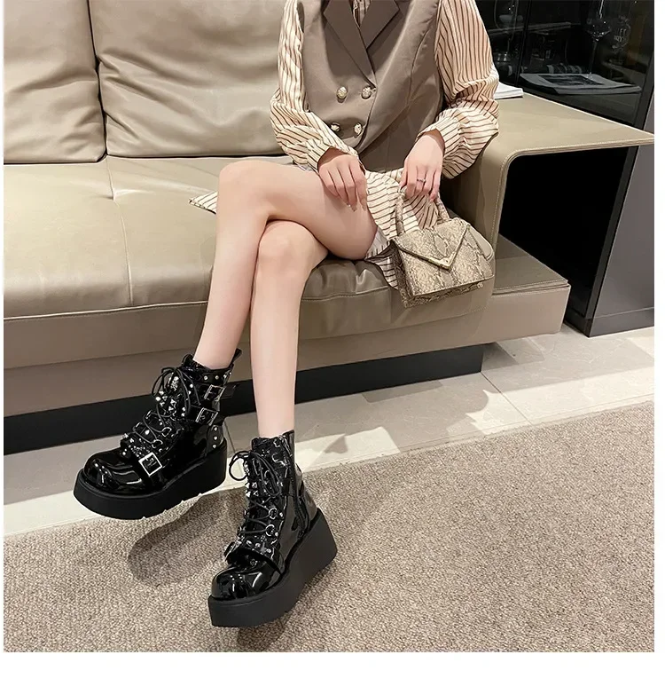 Punk Style Thick Bottom Motorcycle Boots Women's Platform Gothic Shoes round Toe High Heel Ankle Booties Rubber Outsole