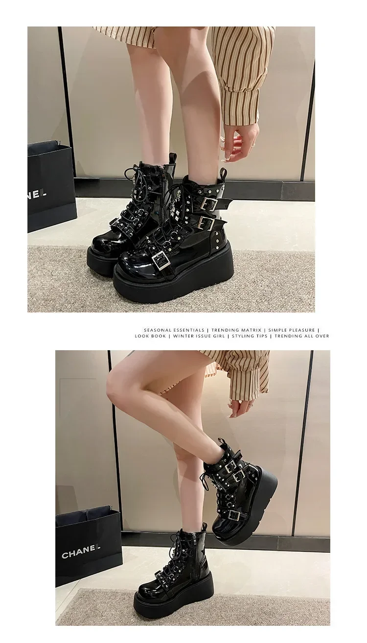 Punk Style Thick Bottom Motorcycle Boots Women's Platform Gothic Shoes round Toe High Heel Ankle Booties Rubber Outsole