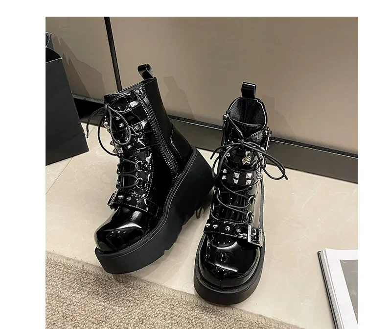 Punk Style Thick Bottom Motorcycle Boots Women's Platform Gothic Shoes round Toe High Heel Ankle Booties Rubber Outsole