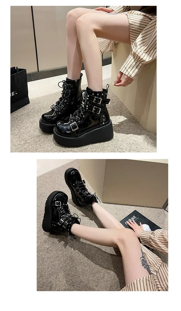 Punk Style Thick Bottom Motorcycle Boots Women's Platform Gothic Shoes round Toe High Heel Ankle Booties Rubber Outsole