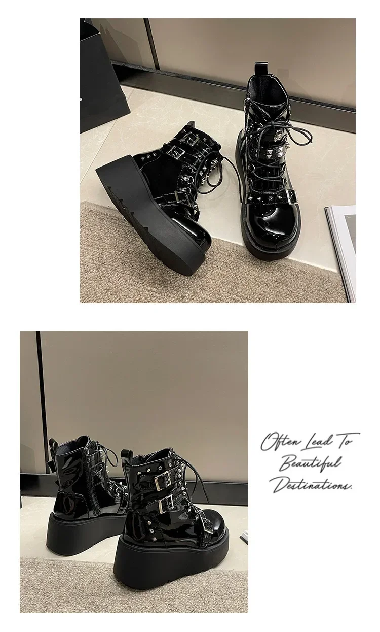 Punk Style Thick Bottom Motorcycle Boots Women's Platform Gothic Shoes round Toe High Heel Ankle Booties Rubber Outsole