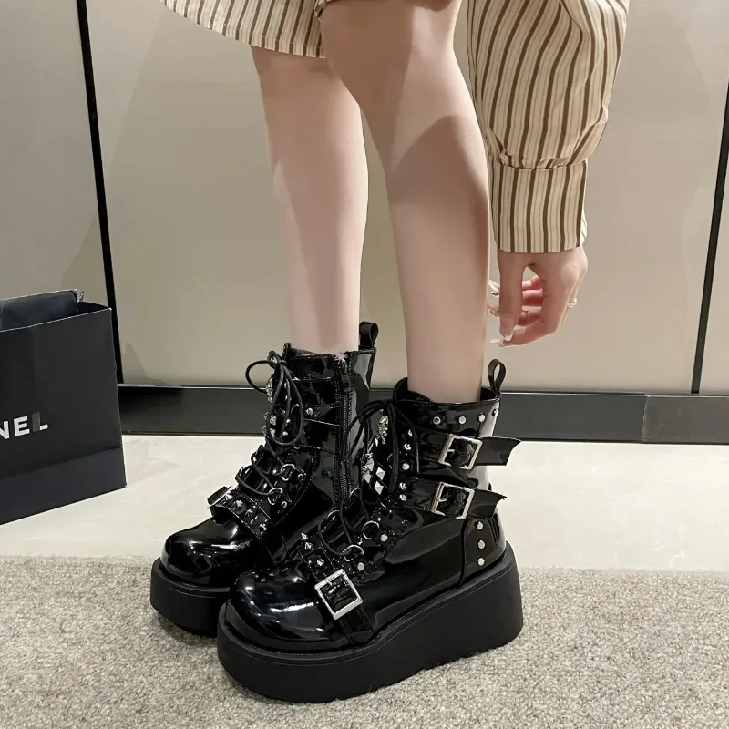 Punk Style Thick Bottom Motorcycle Boots Women's Platform Gothic Shoes round Toe High Heel Ankle Booties Rubber Outsole