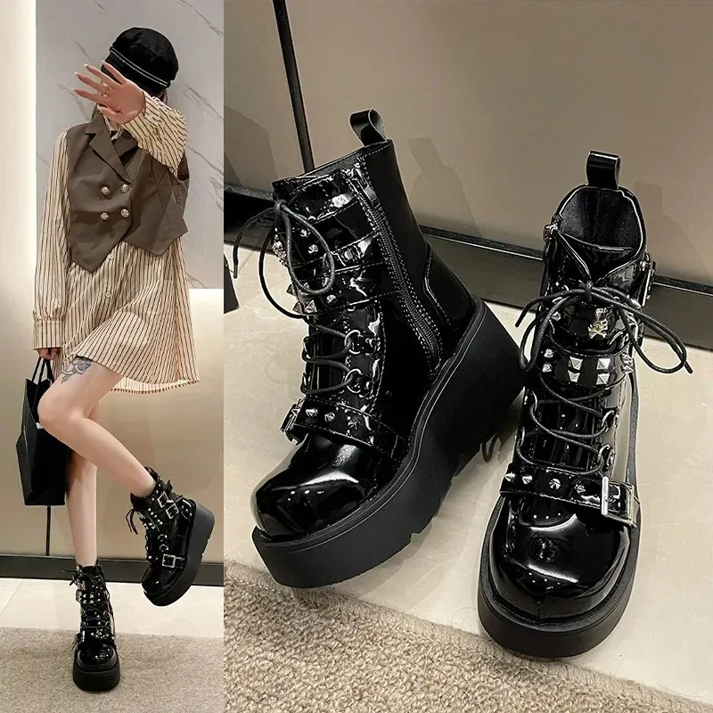 Punk Style Thick Bottom Motorcycle Boots Women's Platform Gothic Shoes round Toe High Heel Ankle Booties Rubber Outsole