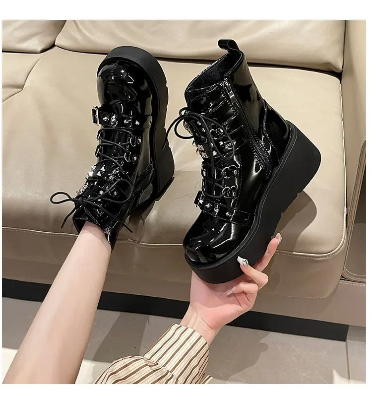 Punk Style Thick Bottom Motorcycle Boots Women's Platform Gothic Shoes round Toe High Heel Ankle Booties Rubber Outsole