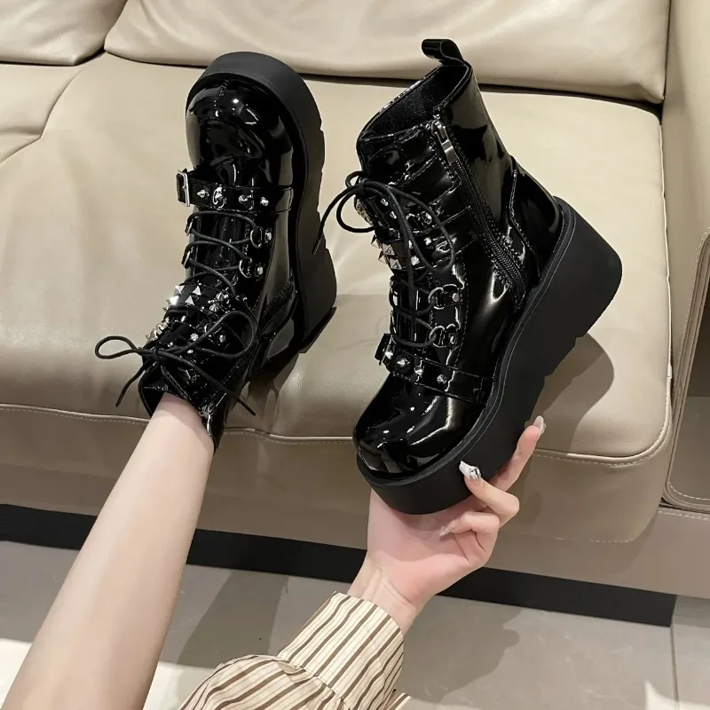 Punk Style Thick Bottom Motorcycle Boots Women's Platform Gothic Shoes round Toe High Heel Ankle Booties Rubber Outsole