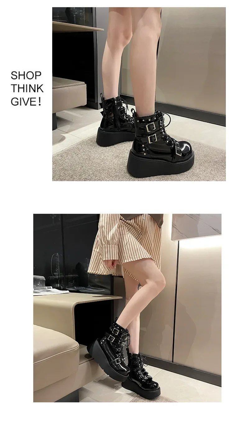 Punk Style Thick Bottom Motorcycle Boots Women's Platform Gothic Shoes round Toe High Heel Ankle Booties Rubber Outsole