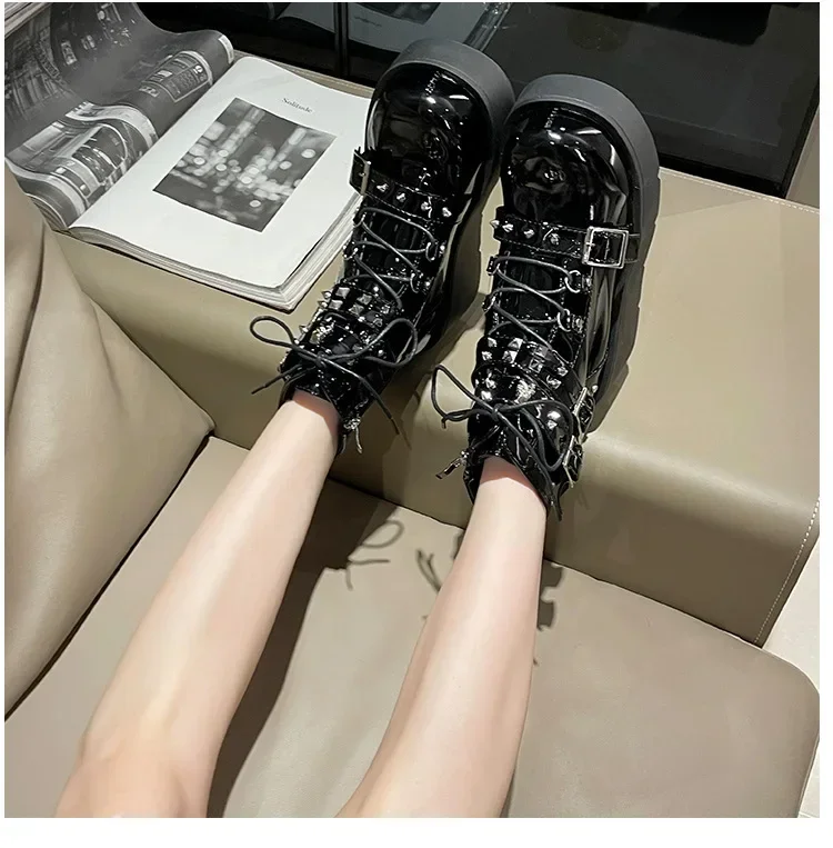 Punk Style Thick Bottom Motorcycle Boots Women's Platform Gothic Shoes round Toe High Heel Ankle Booties Rubber Outsole
