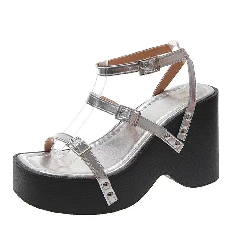 Narrow Band Platform Women Silvery Sandals Casual Shoes Summers Party Dress Wedges Heel Sandalias