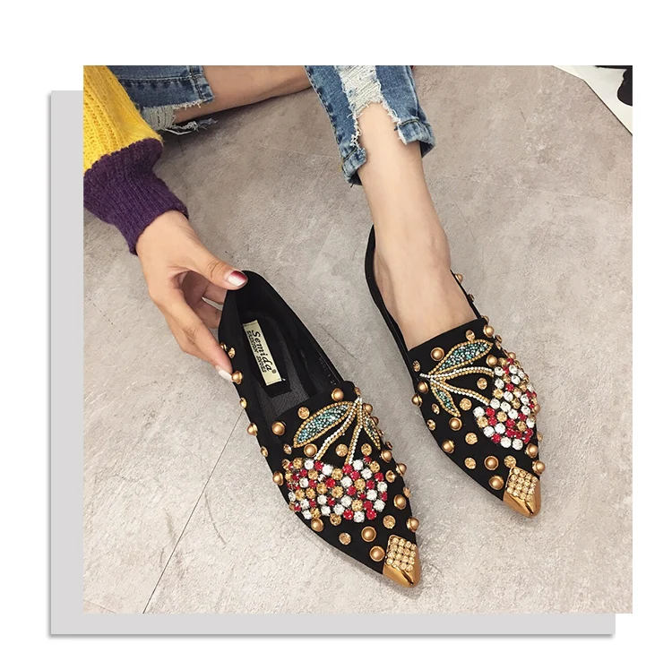 Woman Flats Loafers Shoes Rhinestone Crystal Loafers Ladies Casual Shoes for Women Pointed-Toe Flats Spring and Autumn Loafers