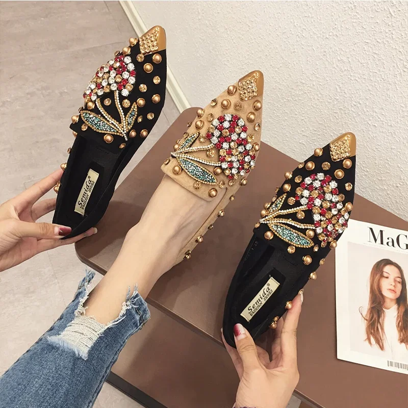 Woman Flats Loafers Shoes Rhinestone Crystal Loafers Ladies Casual Shoes for Women Pointed-Toe Flats Spring and Autumn Loafers