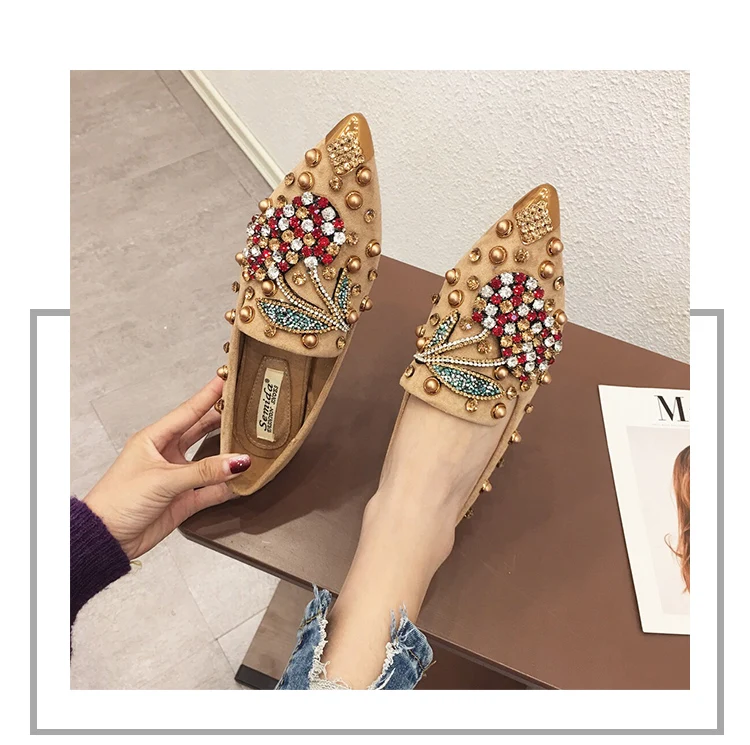Woman Flats Loafers Shoes Rhinestone Crystal Loafers Ladies Casual Shoes for Women Pointed-Toe Flats Spring and Autumn Loafers