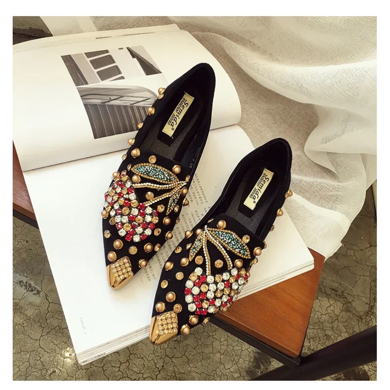 Woman Flats Loafers Shoes Rhinestone Crystal Loafers Ladies Casual Shoes for Women Pointed-Toe Flats Spring and Autumn Loafers