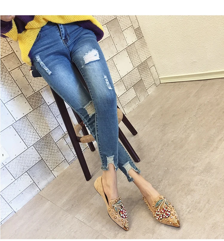 Woman Flats Loafers Shoes Rhinestone Crystal Loafers Ladies Casual Shoes for Women Pointed-Toe Flats Spring and Autumn Loafers