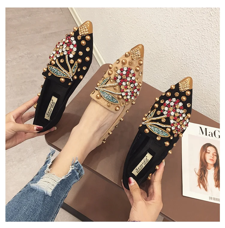 Woman Flats Loafers Shoes Rhinestone Crystal Loafers Ladies Casual Shoes for Women Pointed-Toe Flats Spring and Autumn Loafers