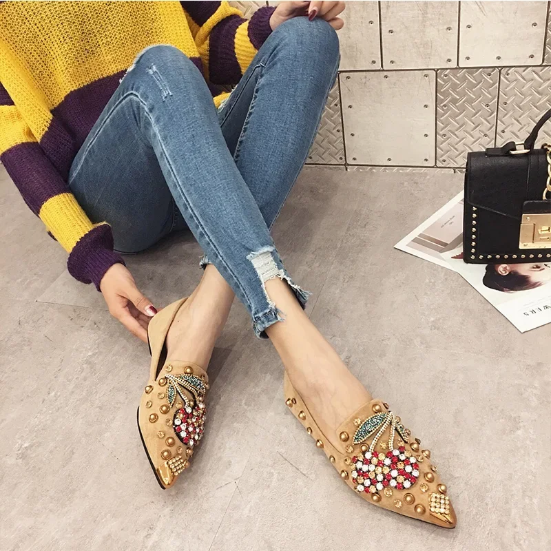 Woman Flats Loafers Shoes Rhinestone Crystal Loafers Ladies Casual Shoes for Women Pointed-Toe Flats Spring and Autumn Loafers