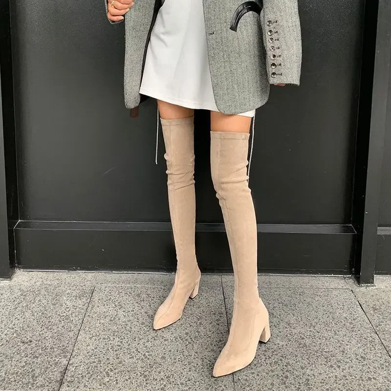 Sexy High Boots Women Winter New Fashion Over The Knee Warm Botas Mujer Suede Back Zipper Pumps Sock Shoes High Heels Boots