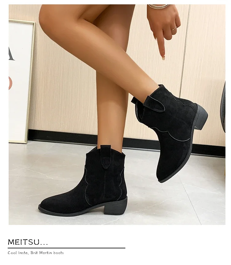 4.5cm High Heel Boots Soft Suede Solid Color Women Autumn Shoes Mid-Calf Breathtable Motorcycle Boots Plus Size 43