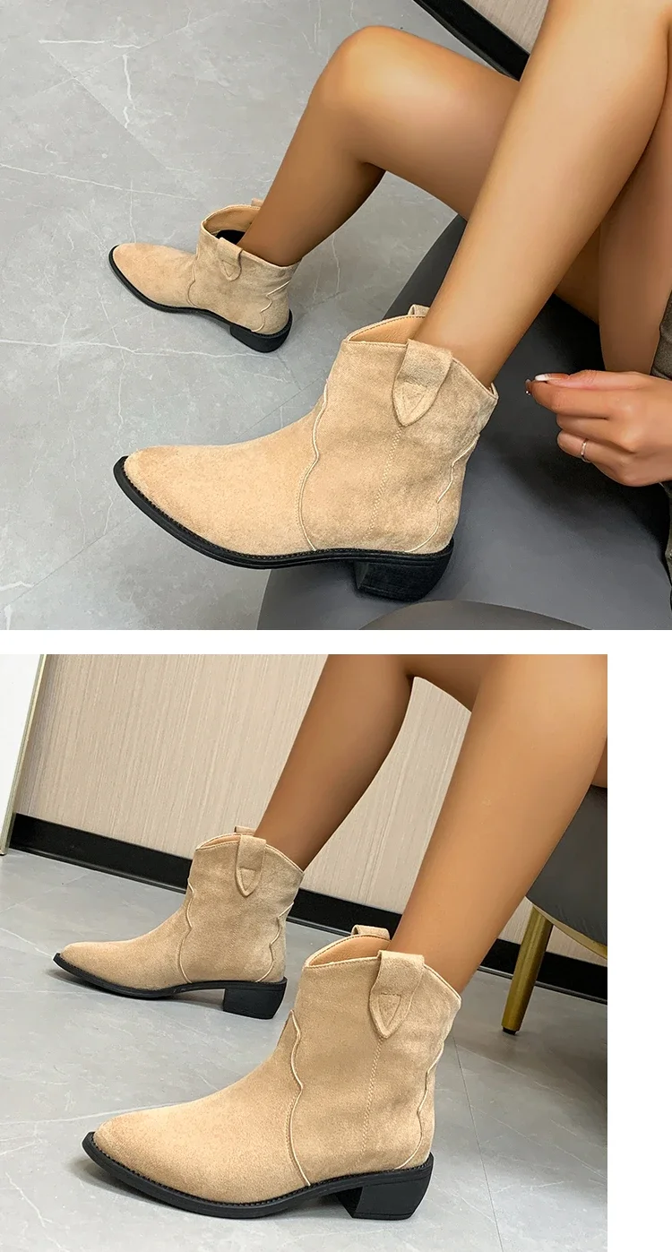 4.5cm High Heel Boots Soft Suede Solid Color Women Autumn Shoes Mid-Calf Breathtable Motorcycle Boots Plus Size 43