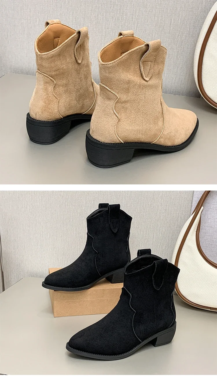 4.5cm High Heel Boots Soft Suede Solid Color Women Autumn Shoes Mid-Calf Breathtable Motorcycle Boots Plus Size 43