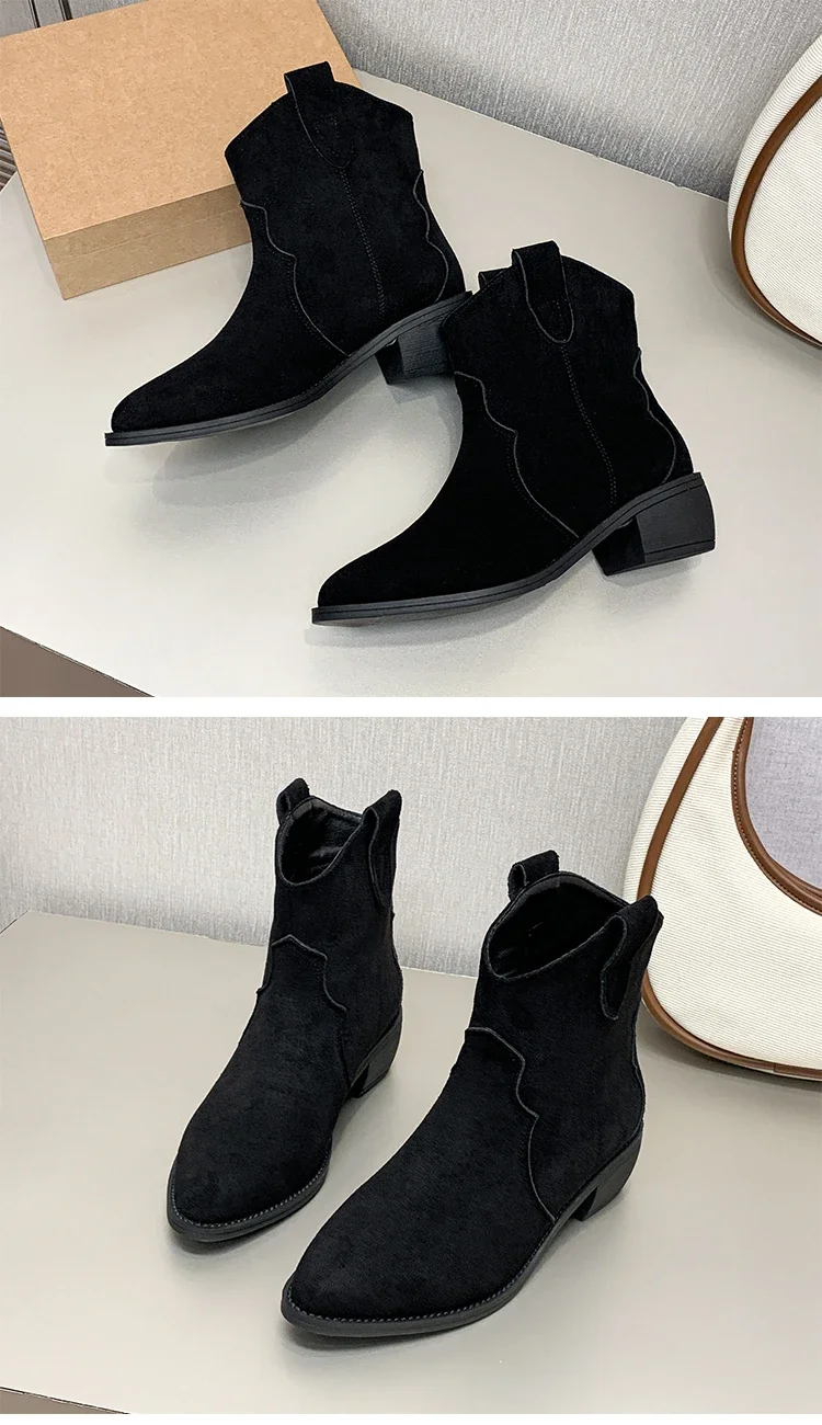 4.5cm High Heel Boots Soft Suede Solid Color Women Autumn Shoes Mid-Calf Breathtable Motorcycle Boots Plus Size 43