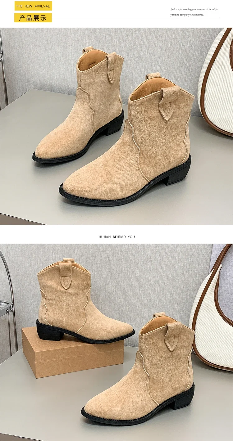 4.5cm High Heel Boots Soft Suede Solid Color Women Autumn Shoes Mid-Calf Breathtable Motorcycle Boots Plus Size 43