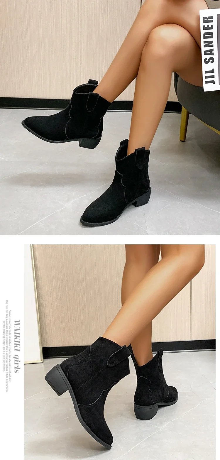 4.5cm High Heel Boots Soft Suede Solid Color Women Autumn Shoes Mid-Calf Breathtable Motorcycle Boots Plus Size 43