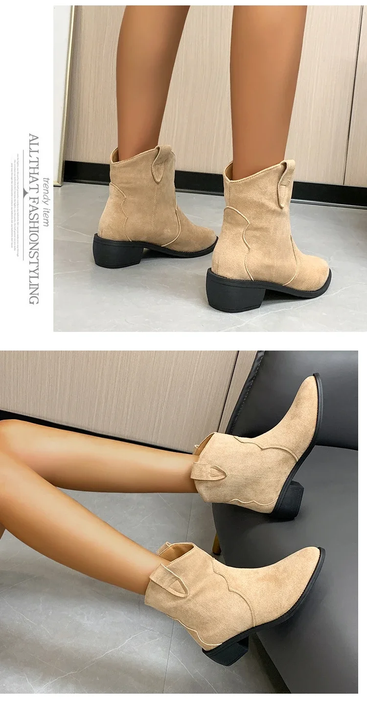 4.5cm High Heel Boots Soft Suede Solid Color Women Autumn Shoes Mid-Calf Breathtable Motorcycle Boots Plus Size 43