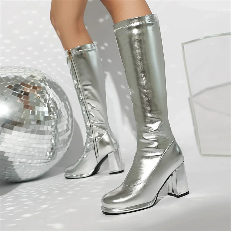 Women's Knee High Boots Leather Sexy Zipper Winter Shoes Black Gold Red Heeled Long Chelsea Boot Ladies Large Size Women's Knee High Boots Leather Sexy Zipper Winter Shoes Black Gold Red Heeled Long Chelsea Boot Ladies Large Size