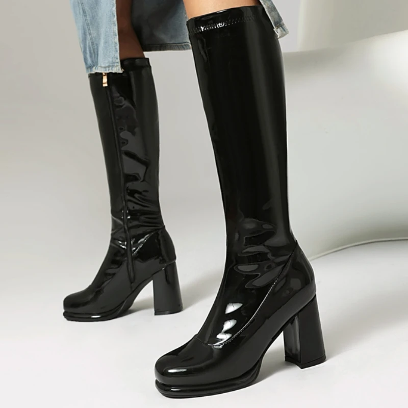 Women's Knee High Boots Leather Sexy Zipper Winter Shoes Black Gold Red Heeled Long Chelsea Boot Ladies Large Size