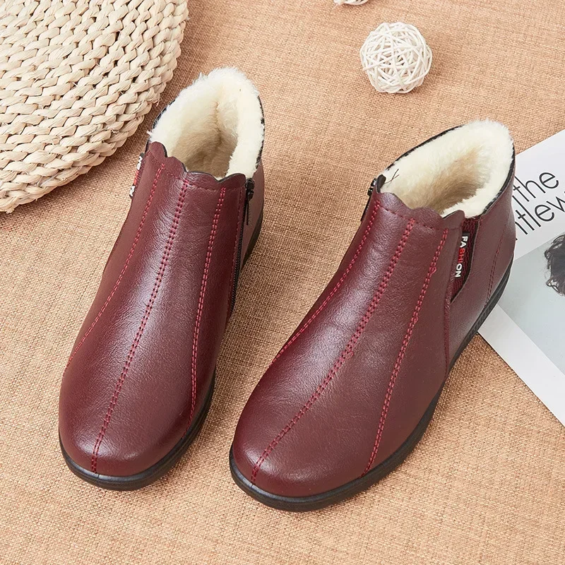 Mother Shoes Cotton Shoes Middle-aged Winter Warm Non-slip Soft Soled Ankle Boots Elderly Women's Shoes Plus Velvet Leather Shoe
