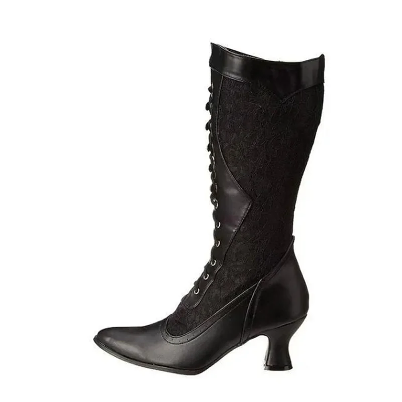 Retro Women Boots Autumn Winter Sexy Shoes Woman Lace-up Pointed Toe Low Heels Mid-calf Boots for Women Custom 34-43