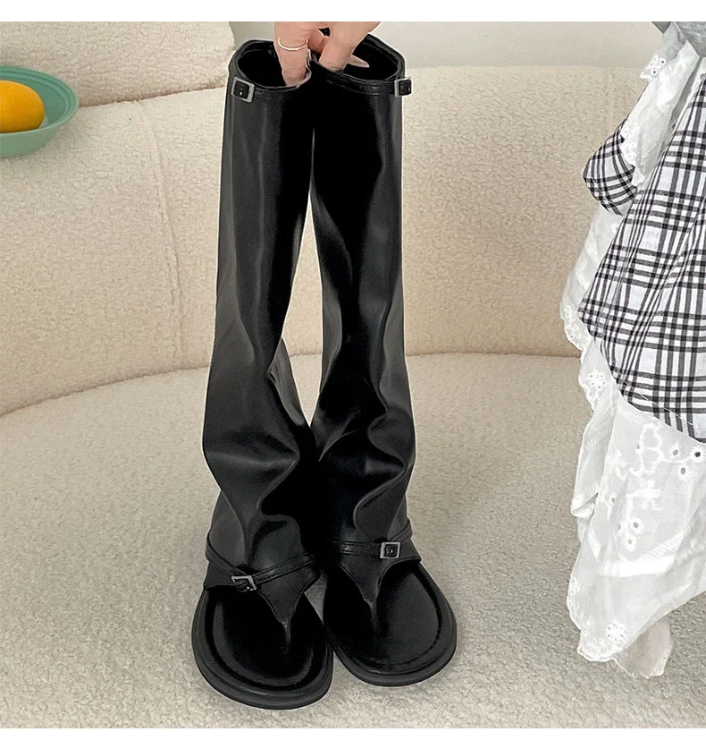 Bla Flat Bot Long Boots Women's Sle 2025 New Summer Outdoor Wear with Skirts Toe Clip Cool Boots Casual High Tube Bla Flat Bot Long Boots Women's Sle 2025 New Summer Outdoor Wear with Skirts Toe Clip Cool Boots Casual High Tube