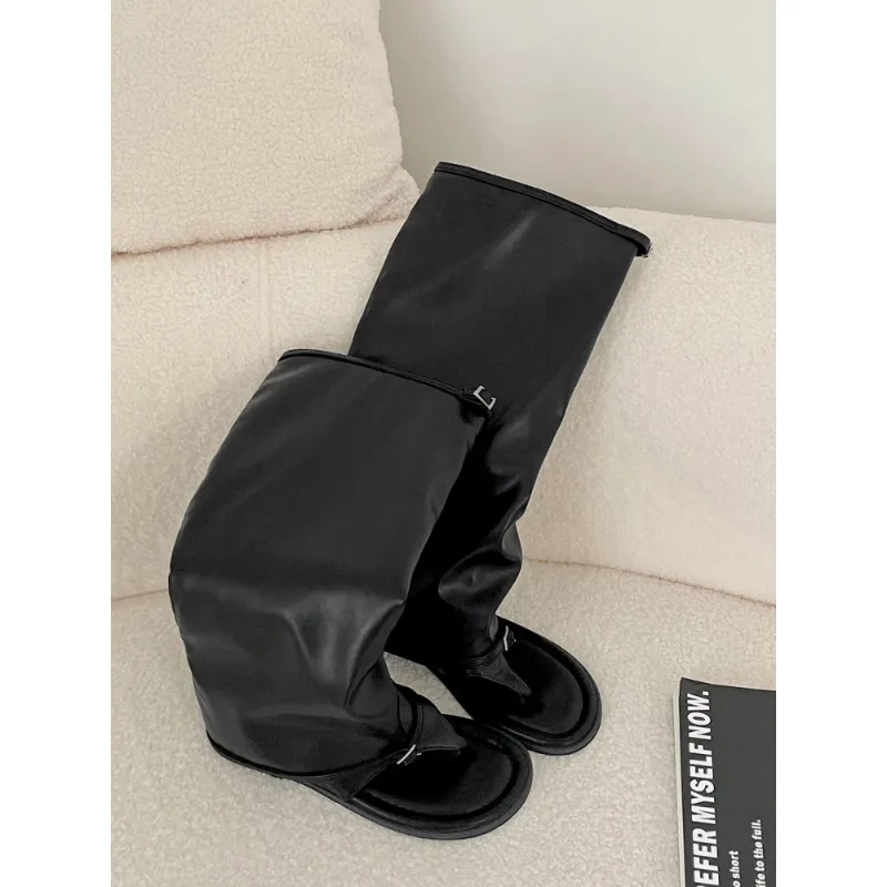 Bla Flat Bot Long Boots Women's Sle 2025 New Summer Outdoor Wear with Skirts Toe Clip Cool Boots Casual High Tube