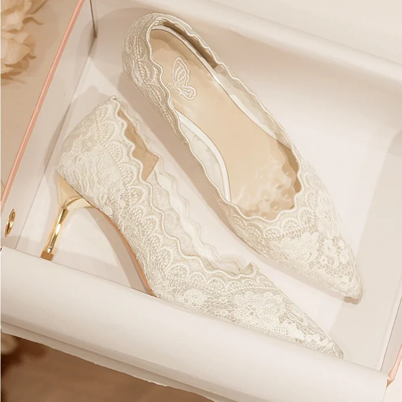 Embroidered Bridal Shoes Wedding Shoes Retro French Sandals 6.5cm High Heels Single Shoes Thin Heels Banquet Pointed Pumps