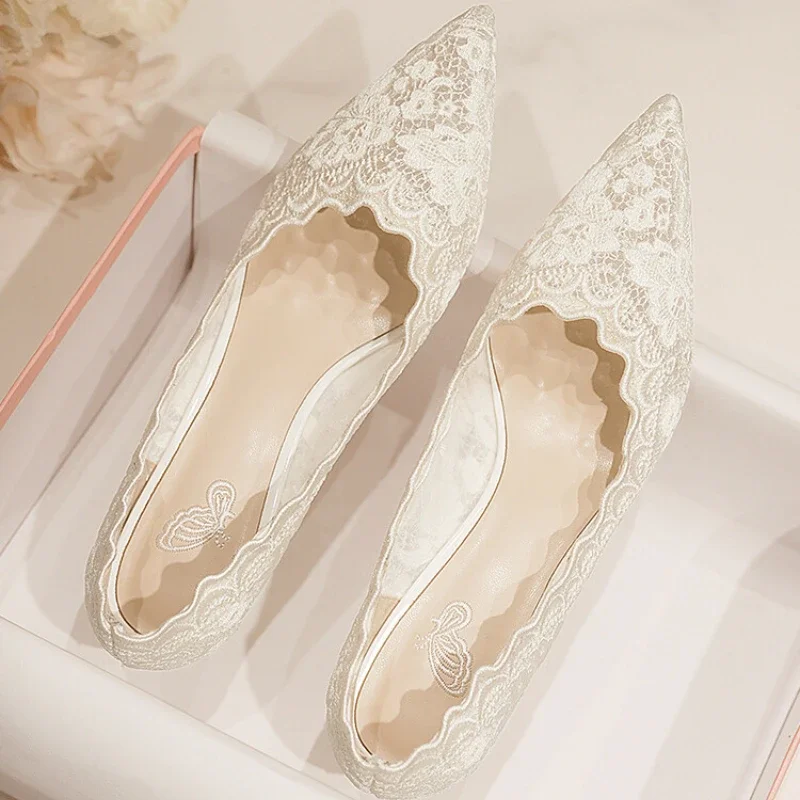 Embroidered Bridal Shoes Wedding Shoes Retro French Sandals 6.5cm High Heels Single Shoes Thin Heels Banquet Pointed Pumps