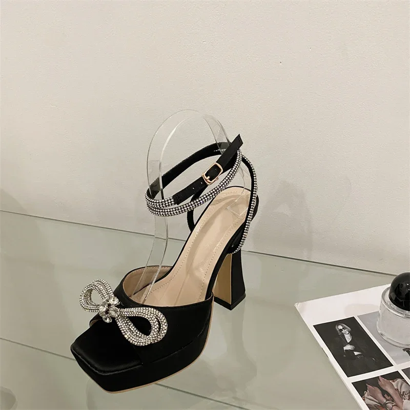 Hlieny 2024 New Sexy PVC Transparency Sandals High Heels Women Pumps Fashion Bowknot Crystal Square Toe Platform Prom Shoes